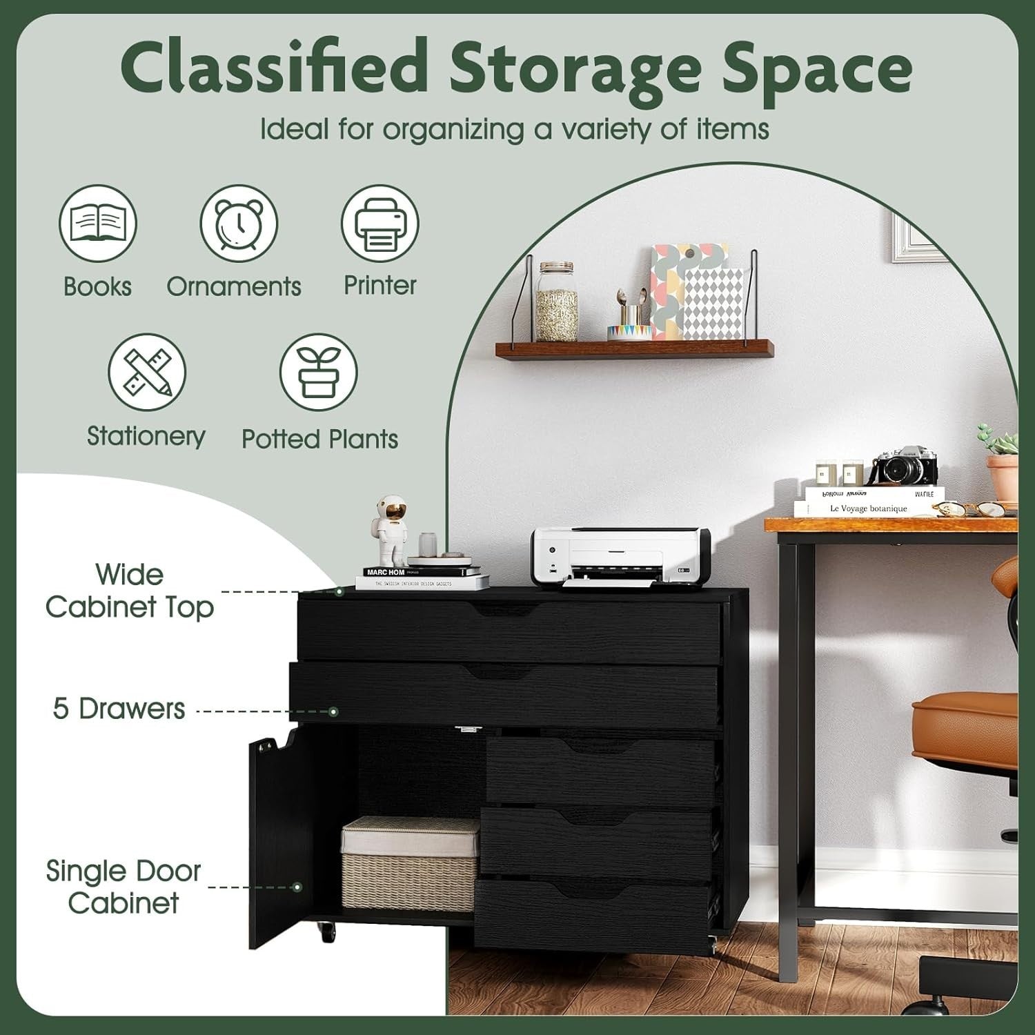 Black Mobile File Cabinet 77x40x64cm 5 Drawer Printer Stand