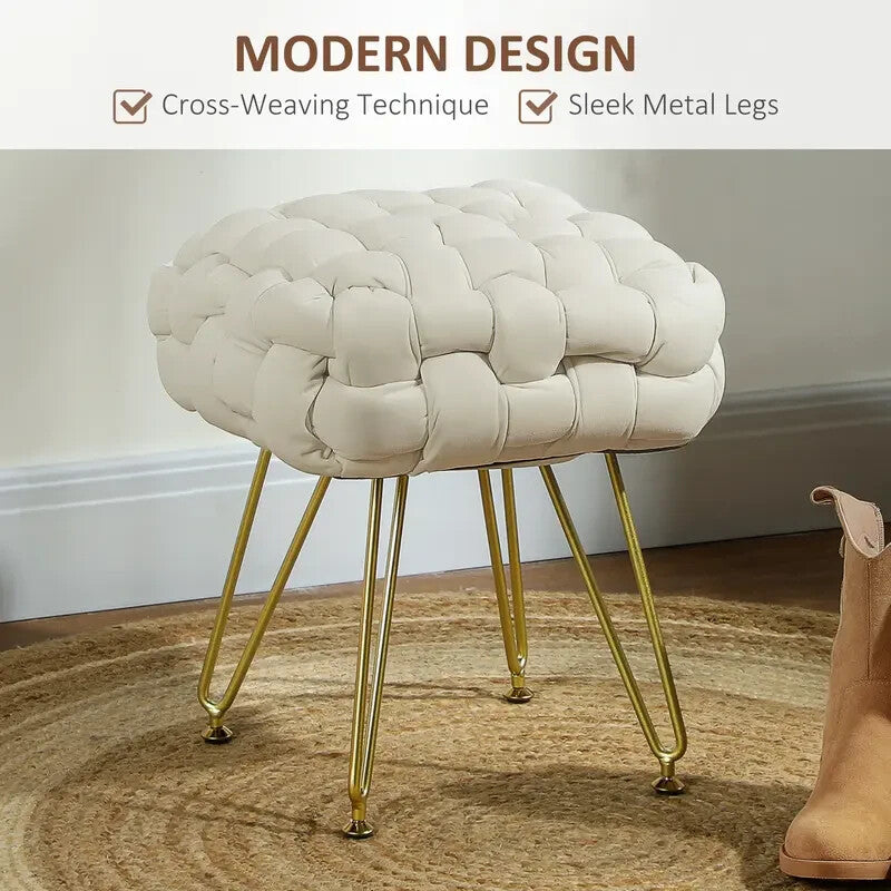 Cream Woven Velvet Footstool Ottoman Seat with Gold Legs for Bedroom