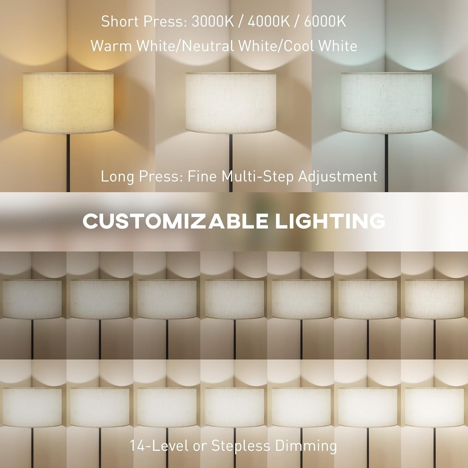 Dimmable Floor Lamp with Remote Height Adjustable Linen Shade Living Room