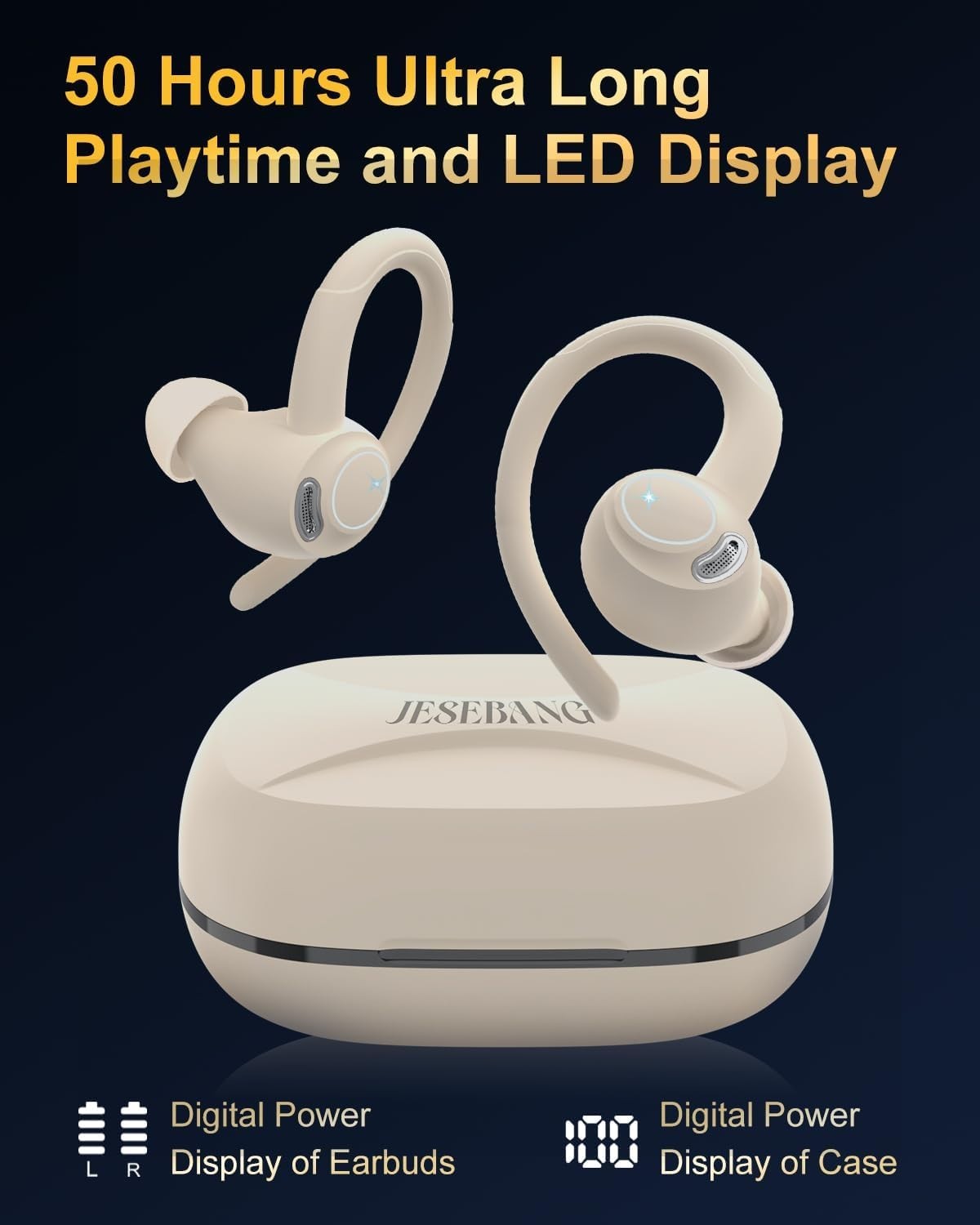 Beige Bluetooth 5.3 Earbuds 40H ENC Mic Sport IP7 Waterproof LED Case
