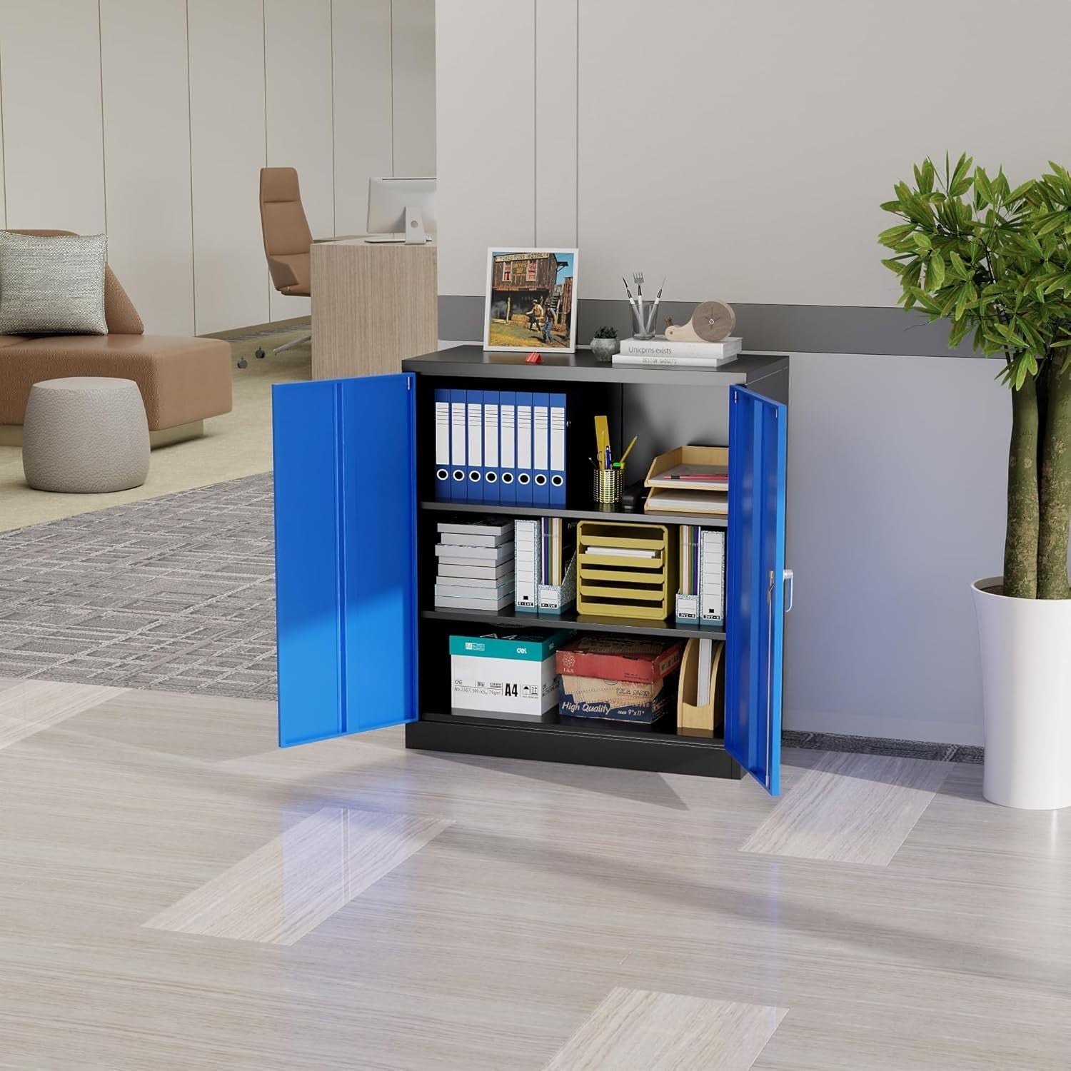 Lockable Metal Storage Cabinet 90cm Steel Office Tool Cupboard Shelves