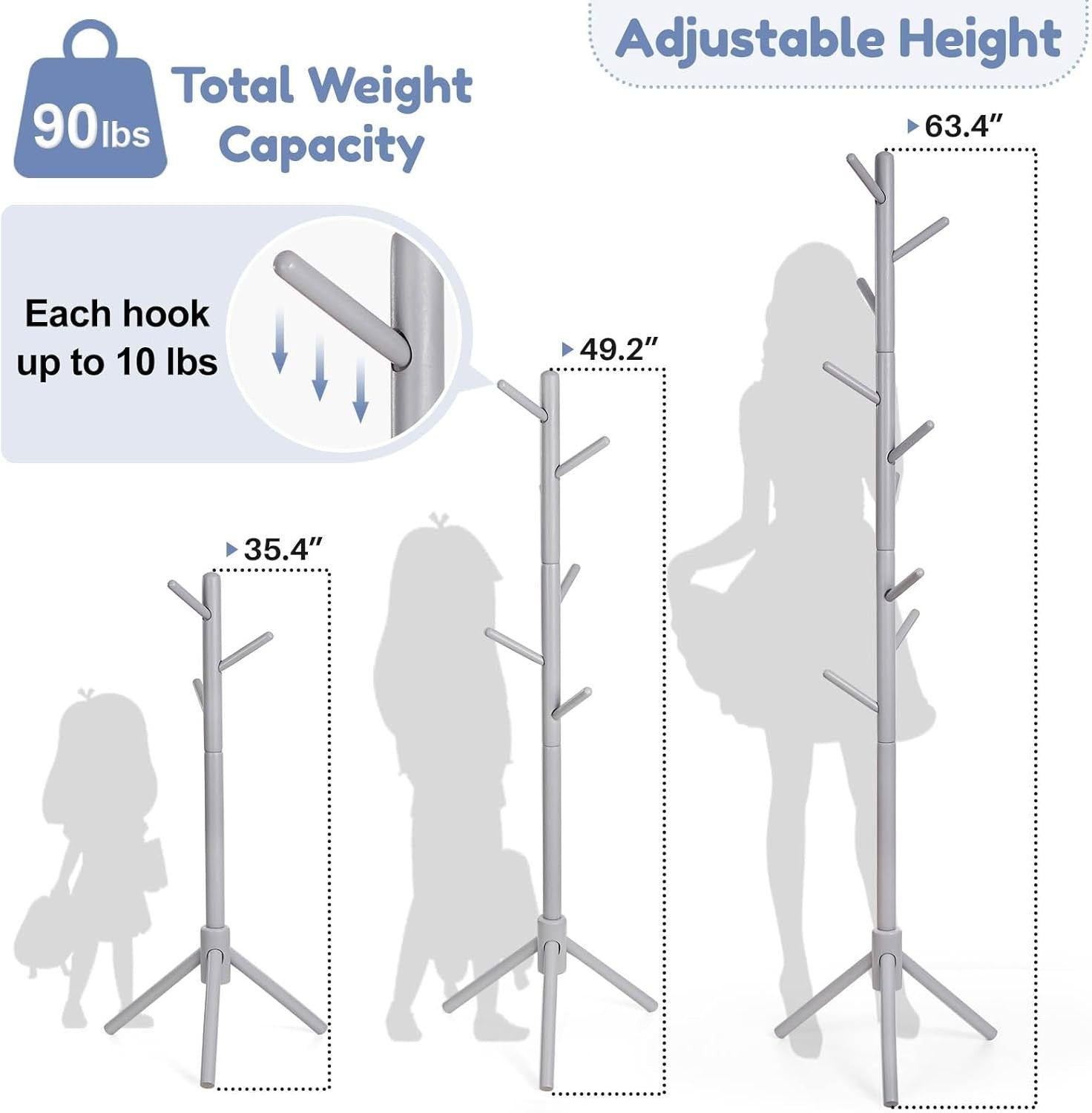Kids Adjustable Wooden Coat Rack | 9 Hook Freestanding Hallway Stand