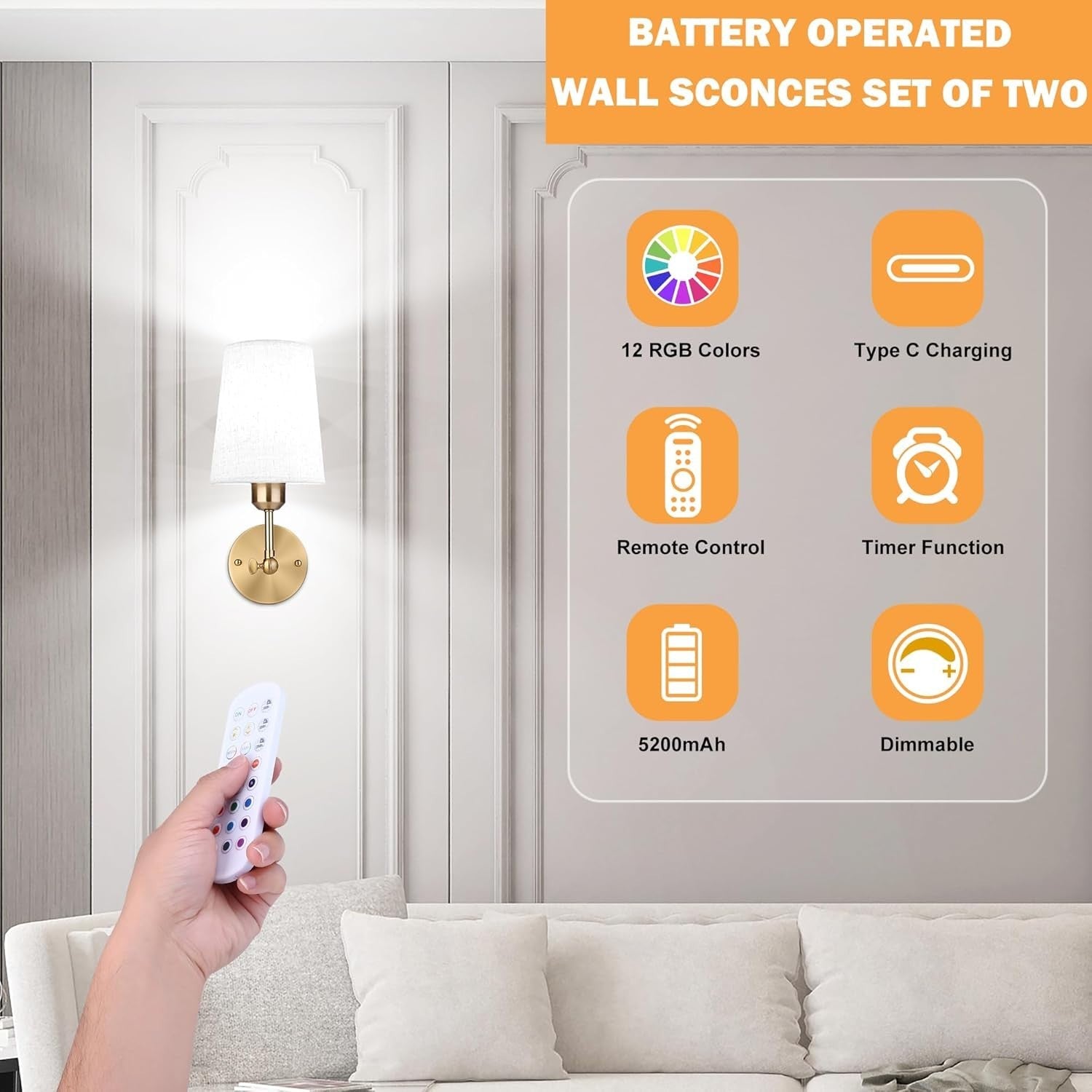 Set of 2 Wall Sconce Lights Rechargeable RGB Remote Battery Operated 270°