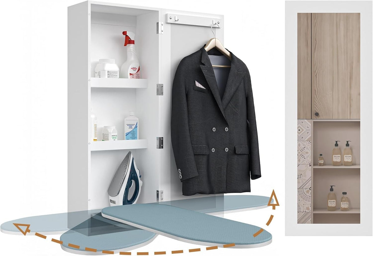 Wall Mounted Ironing Board Cabinet with Mirror Foldable Rotating Storage