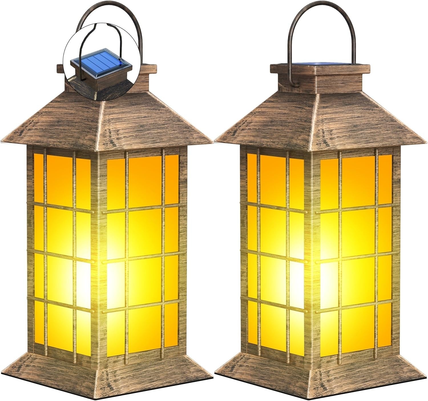 anyperfect 2-Pack Solar Lanterns Flickering Flame 13" Bronze-Grid Glass Outdoor