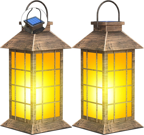 anyperfect 2-Pack Solar Lanterns Flickering Flame 13" Bronze-Grid Glass Outdoor