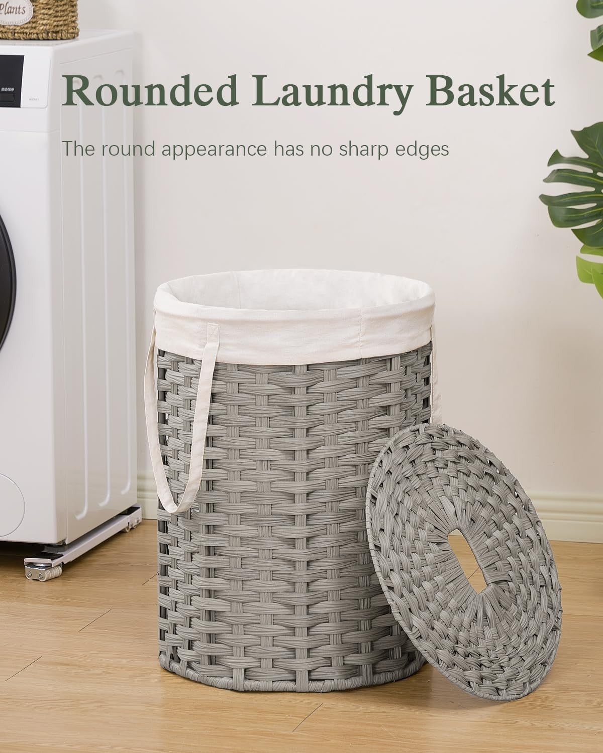 72L Grey Round Wicker Laundry Basket with Lid Handwoven Rattan Hamper