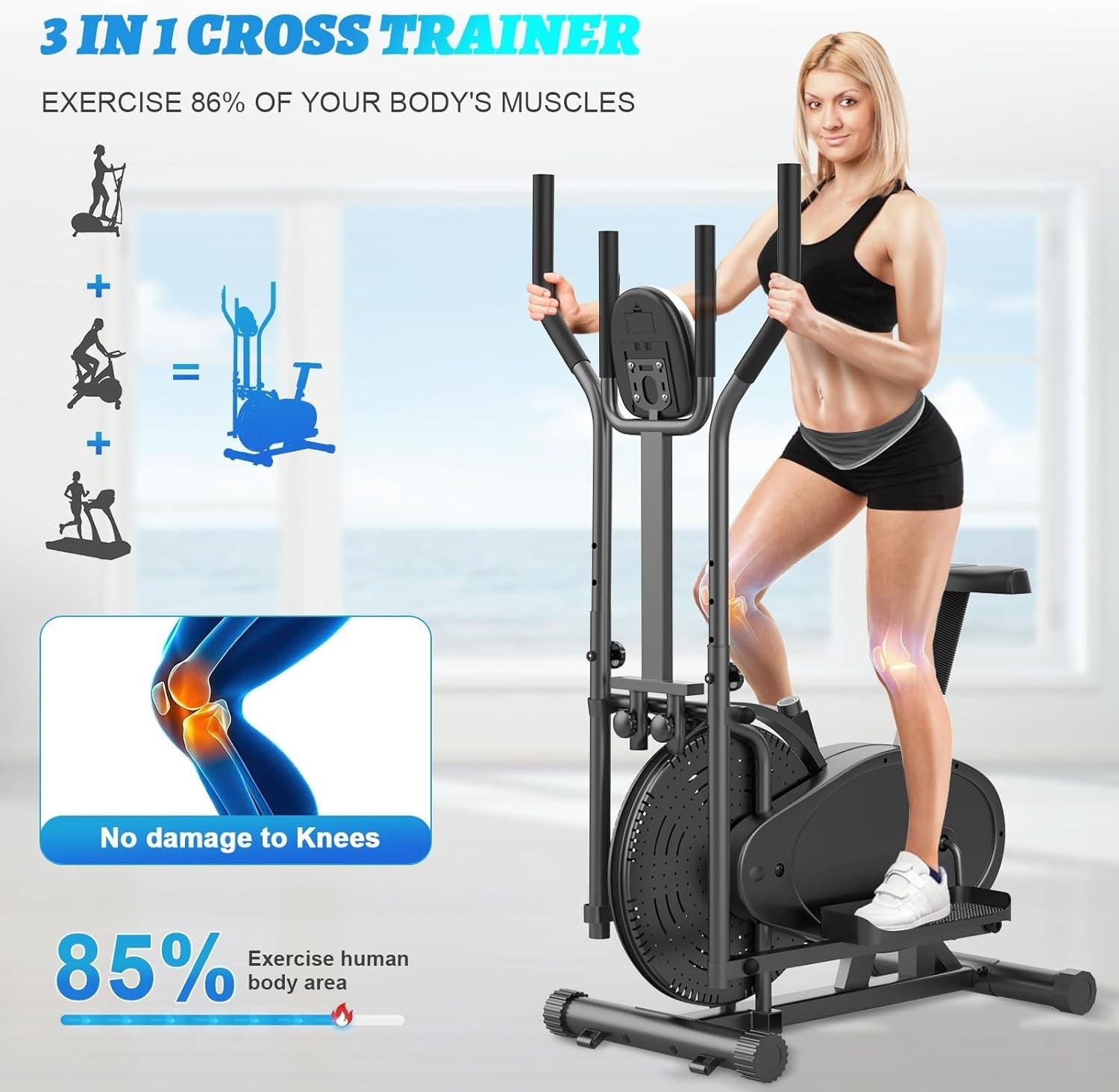 2-in-1 Elliptical Cross Trainer Exercise Bike Adjustable Seat Home Gym Machine