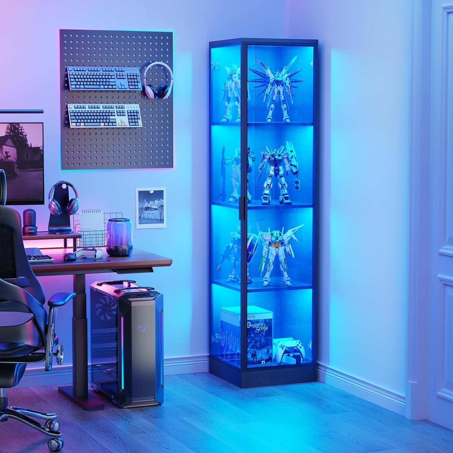 Corner Display Cabinet with Lights & Doors, 4-Tier Tall Unit for Figures