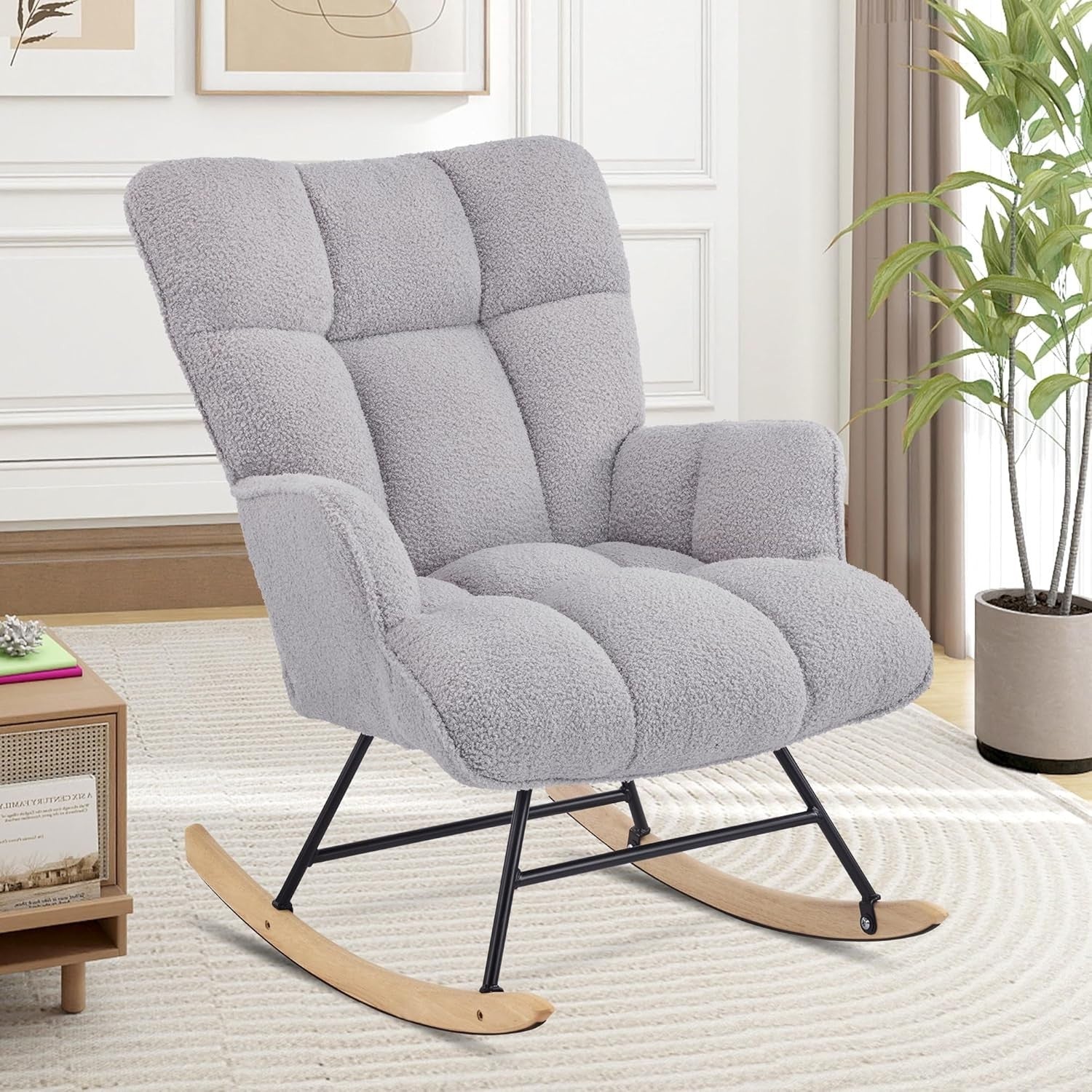 Comfy Nursery Rocking Chair Teddy Fabric Glider for Adults Bedroom