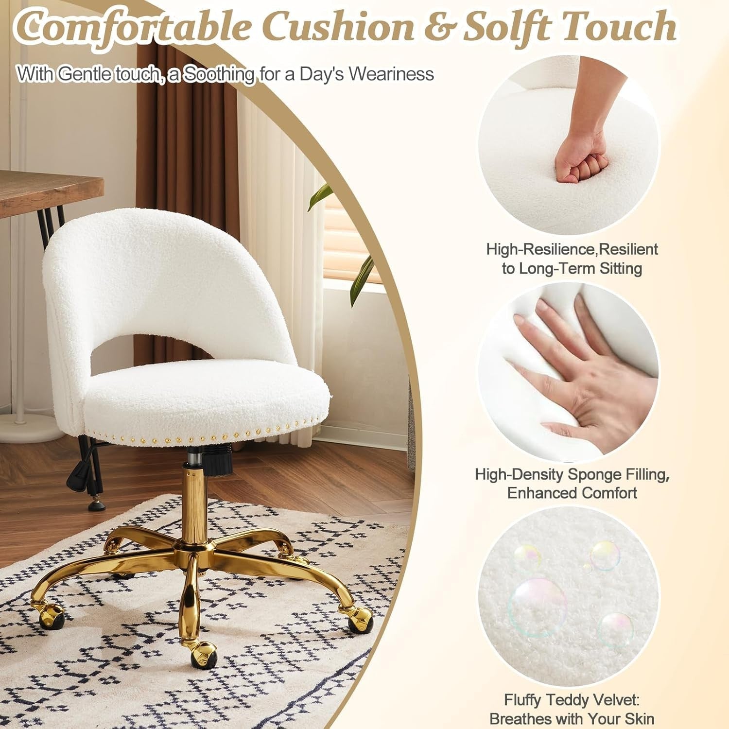White Teddy Swivel Vanity Chair – Adjustable Height Desk Chair for Bedroom