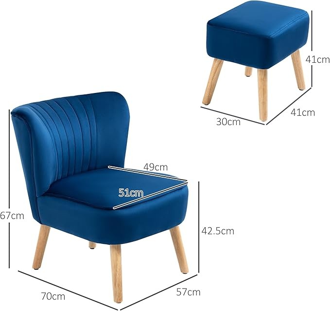 Velvet Accent Chair with Ottoman Blue Tub Seat Wood Frame Lounge