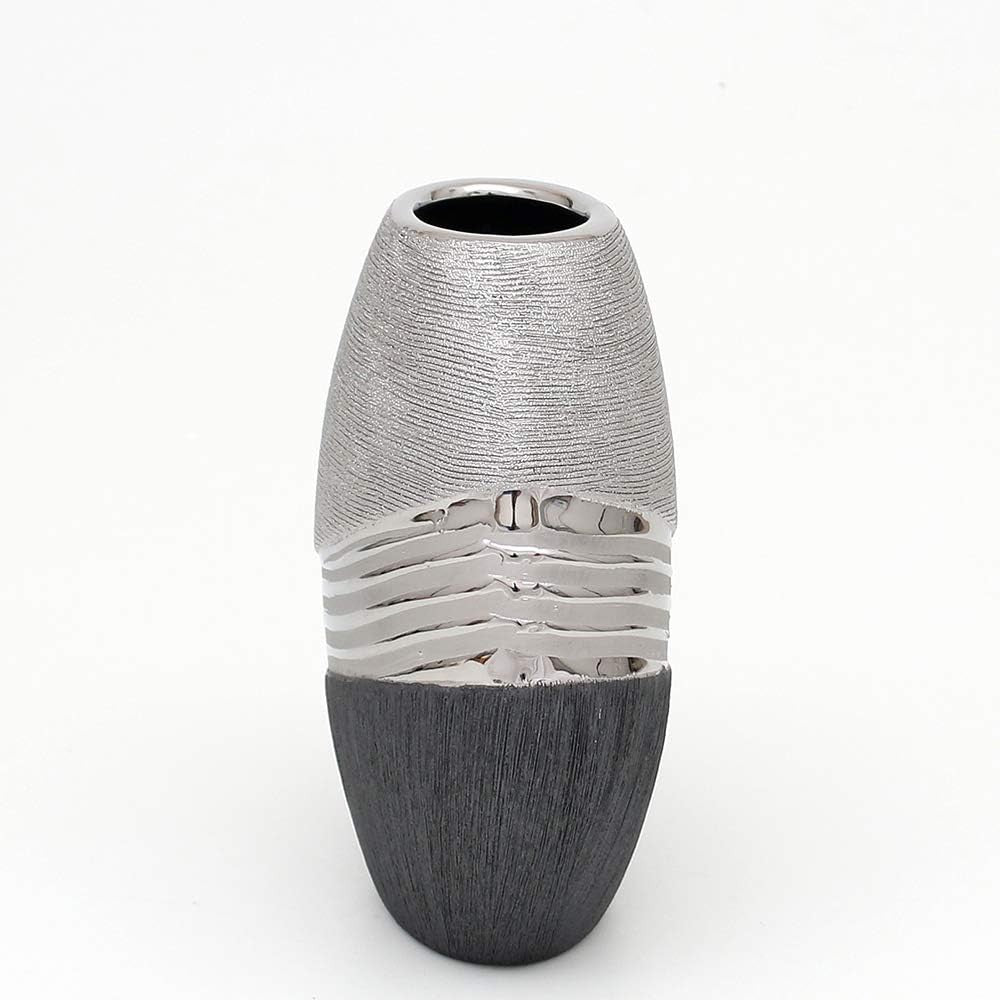 Modern Ceramic Vase 16cm Silver Grey Oval Decorative Home Centrepiece
