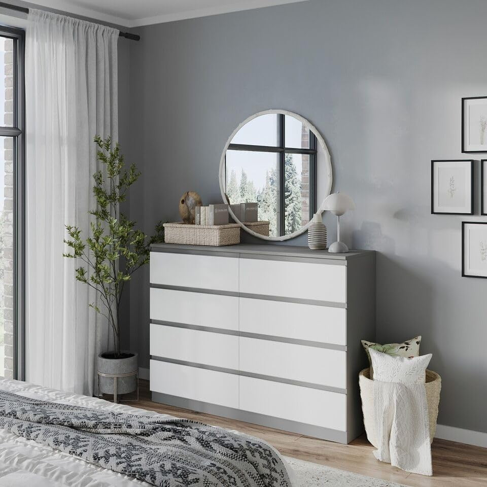 Grey White 8 Drawer Chest Modern Bedroom Storage Cabinet Tall Dresser