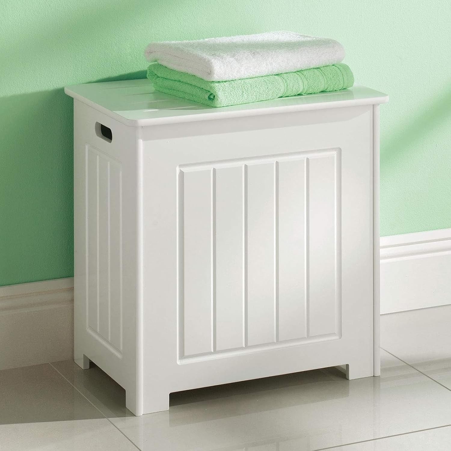 White Laundry Storage Cabinet with Lid Wooden Bathroom Hamper Bin