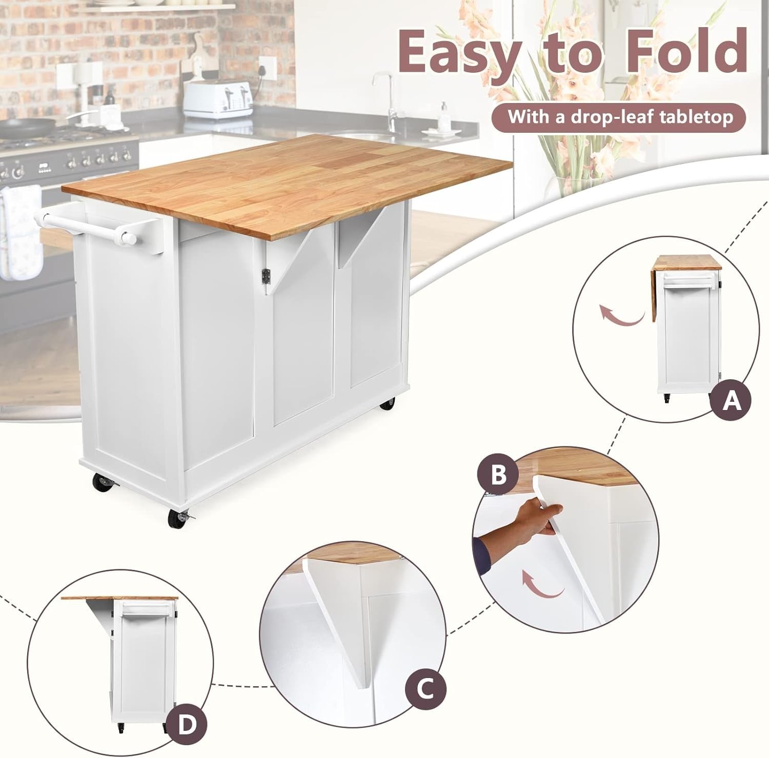 Rolling Kitchen Island Cart with Extendable Wood Top, 3 Drawers & Shelves