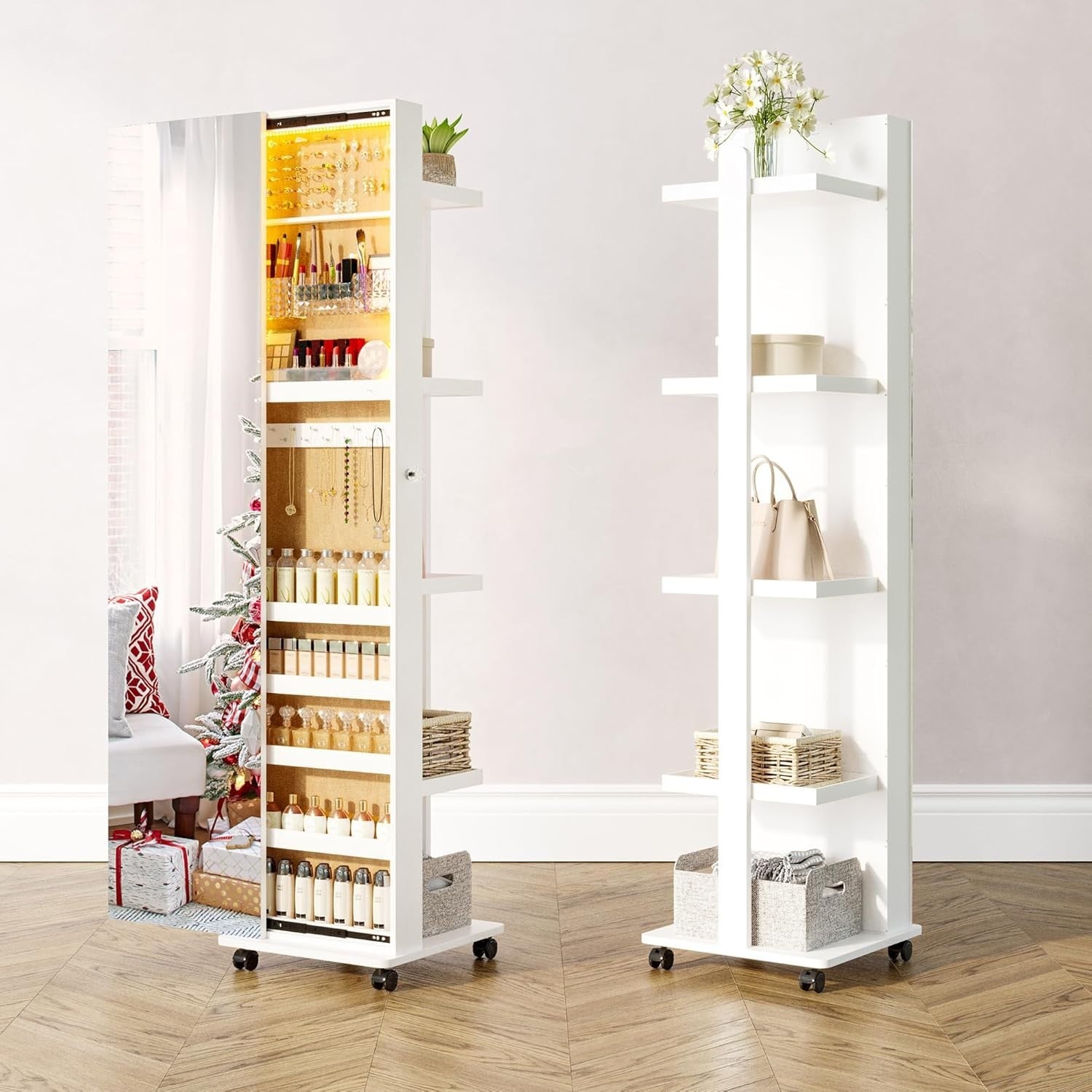 White 360° Rotating Jewellery Cabinet Sliding Door LED Mirror with Wheels