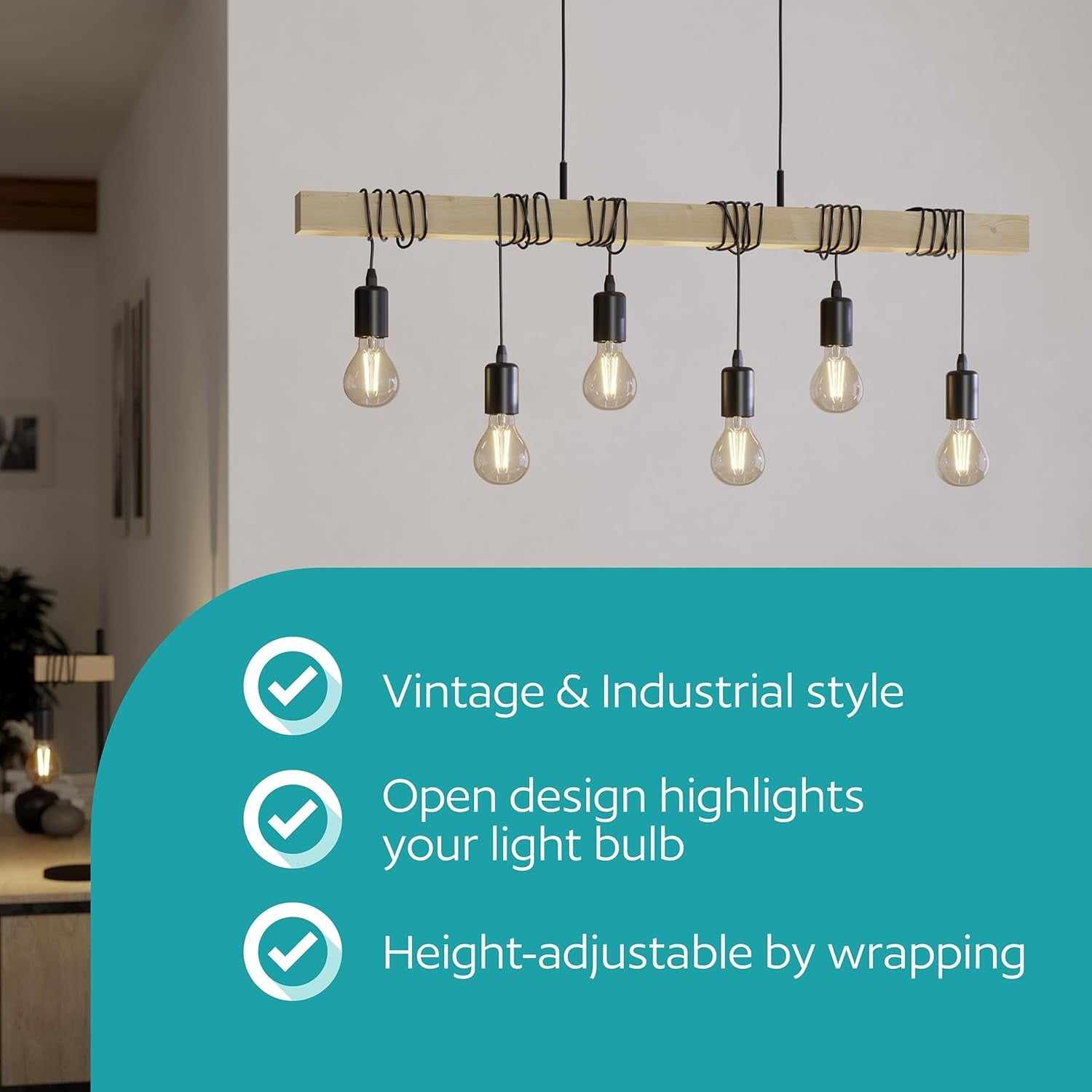 6 Light Industrial Pendant Ceiling Lamp Wood & Metal Vintage E27