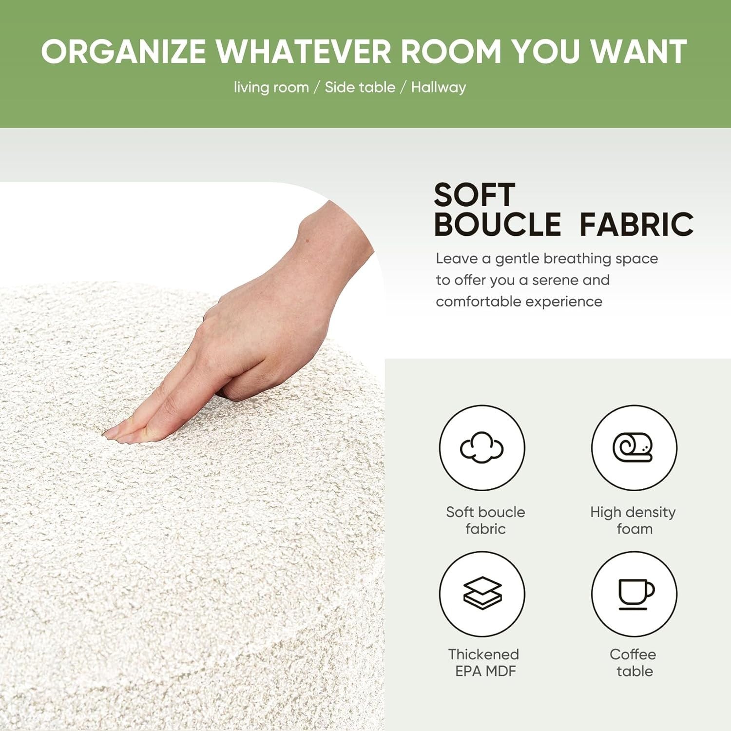 White Boucle Storage Ottoman Round Folding Footrest with Reversible Tray Lid