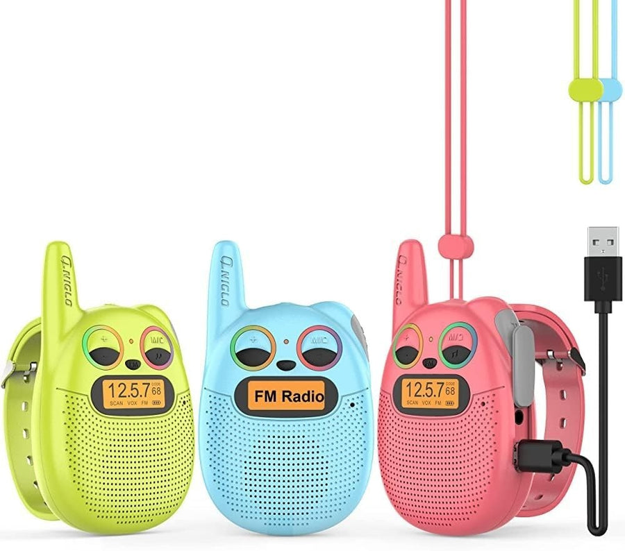 Kids Rechargeable Walkie Talkies 3 Pack Watch Strap VOX FM Radio Toy