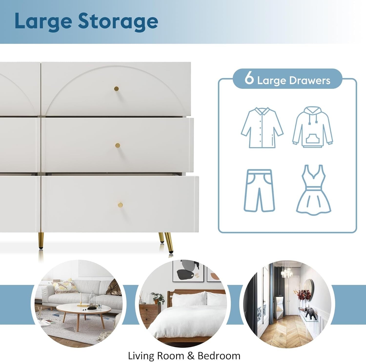 Cream White 6 Drawer Sideboard Cabinet Storage Unit Gold Legs 120cm