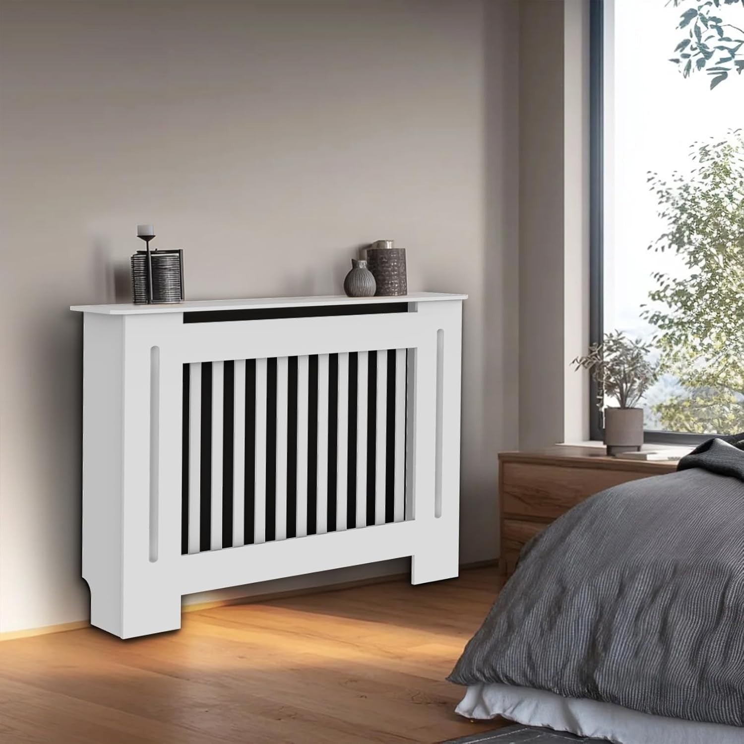 Medium White Radiator Cover Cabinet 101cm Tall MDF Vertical Slat Heater Cover