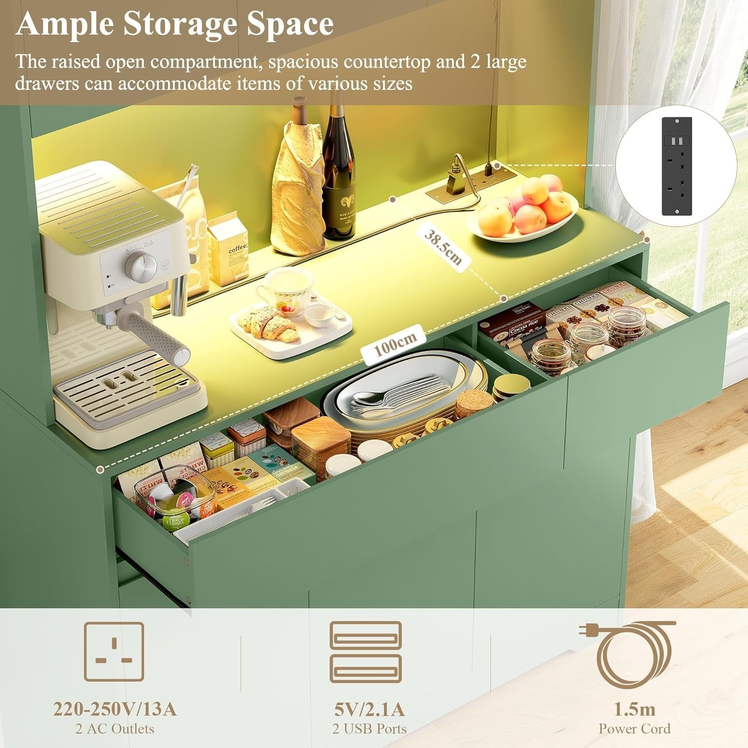 Green 180cm Tall Kitchen Cupboard 6 Doors 2 Drawers LED & Power Outlet