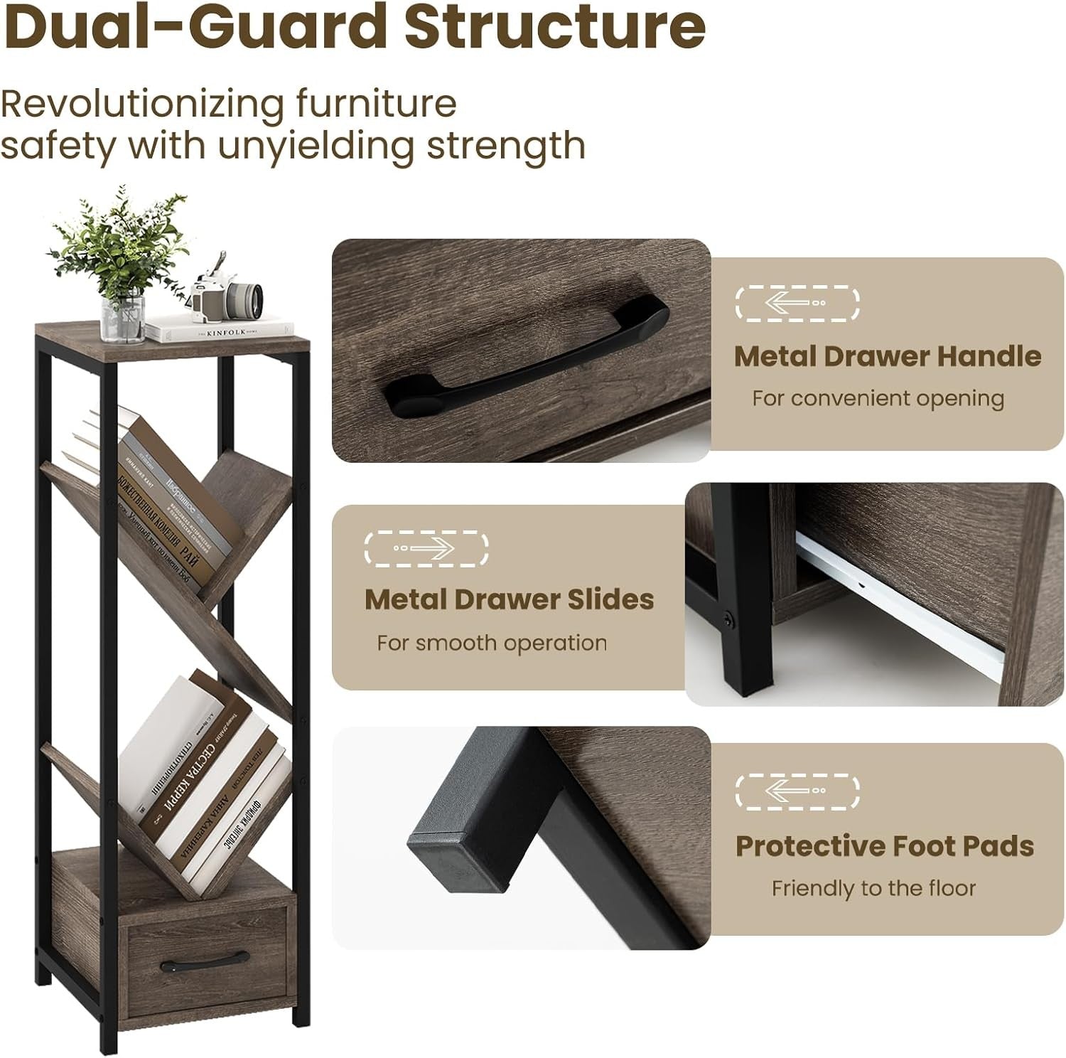Set of 2 Industrial 4-Tier Tree Bookshelves with Drawers & Display Storage Units