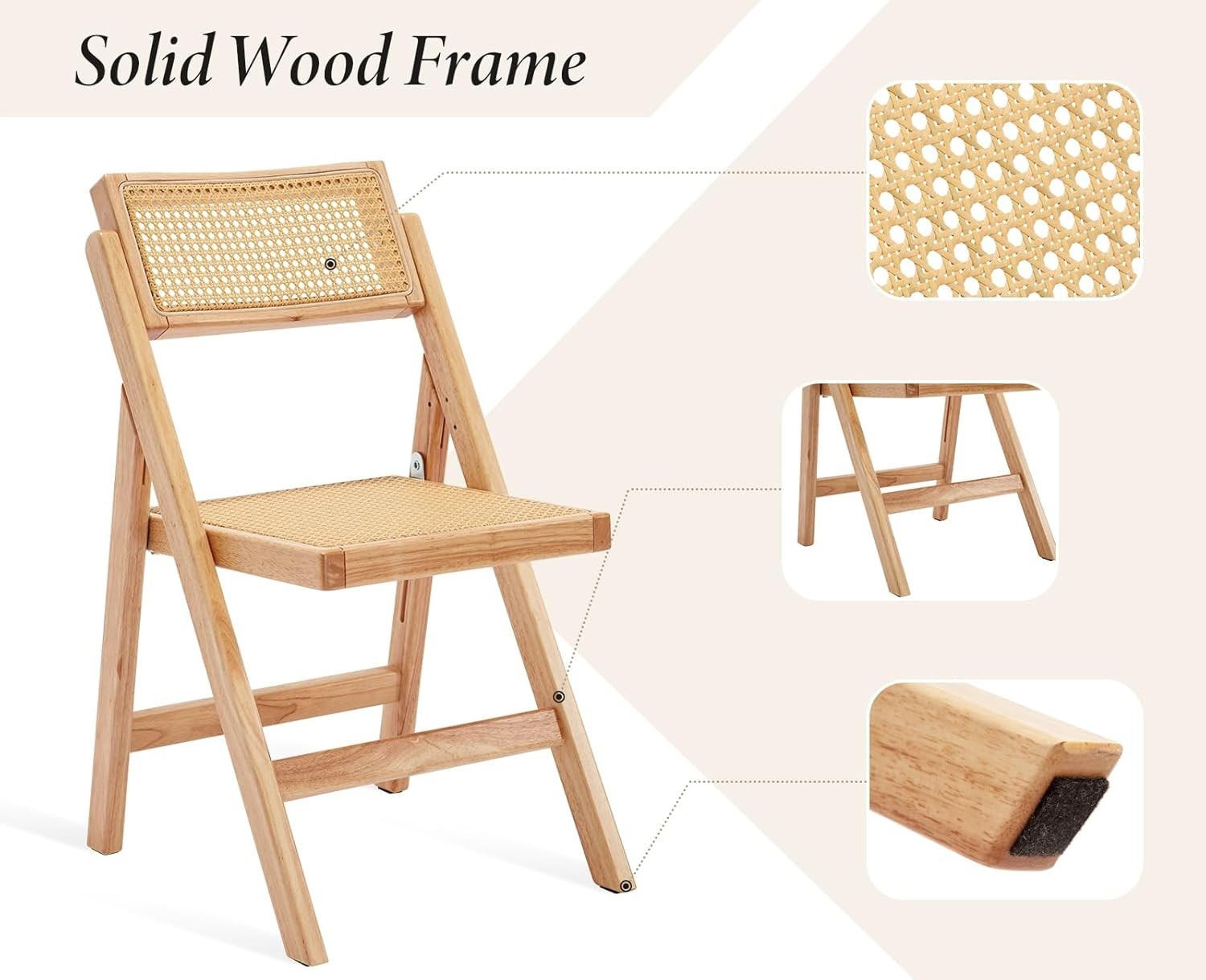 Folding Rattan Dining Chairs Set of 2 Wooden Frame Space Saving Kitchen