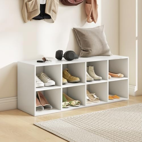 White Shoe Bench with 8 Compartment Storage Rack Seat for Hallway Bedroom