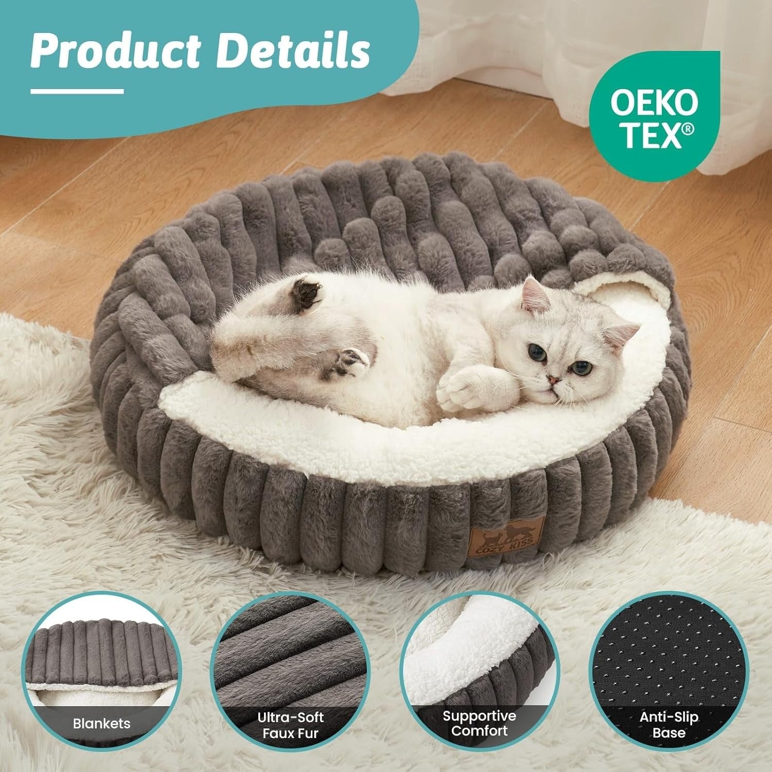 Round Cat Bed with Blanket Washable Faux Fur Pet Sofa Non Slip Bottom
