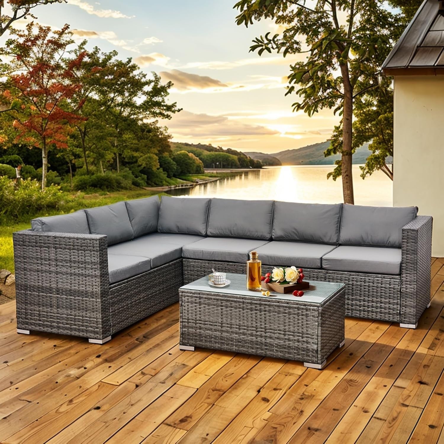 6 Seater Rattan Corner Sofa Set Patio Garden Furniture with Glass Table
