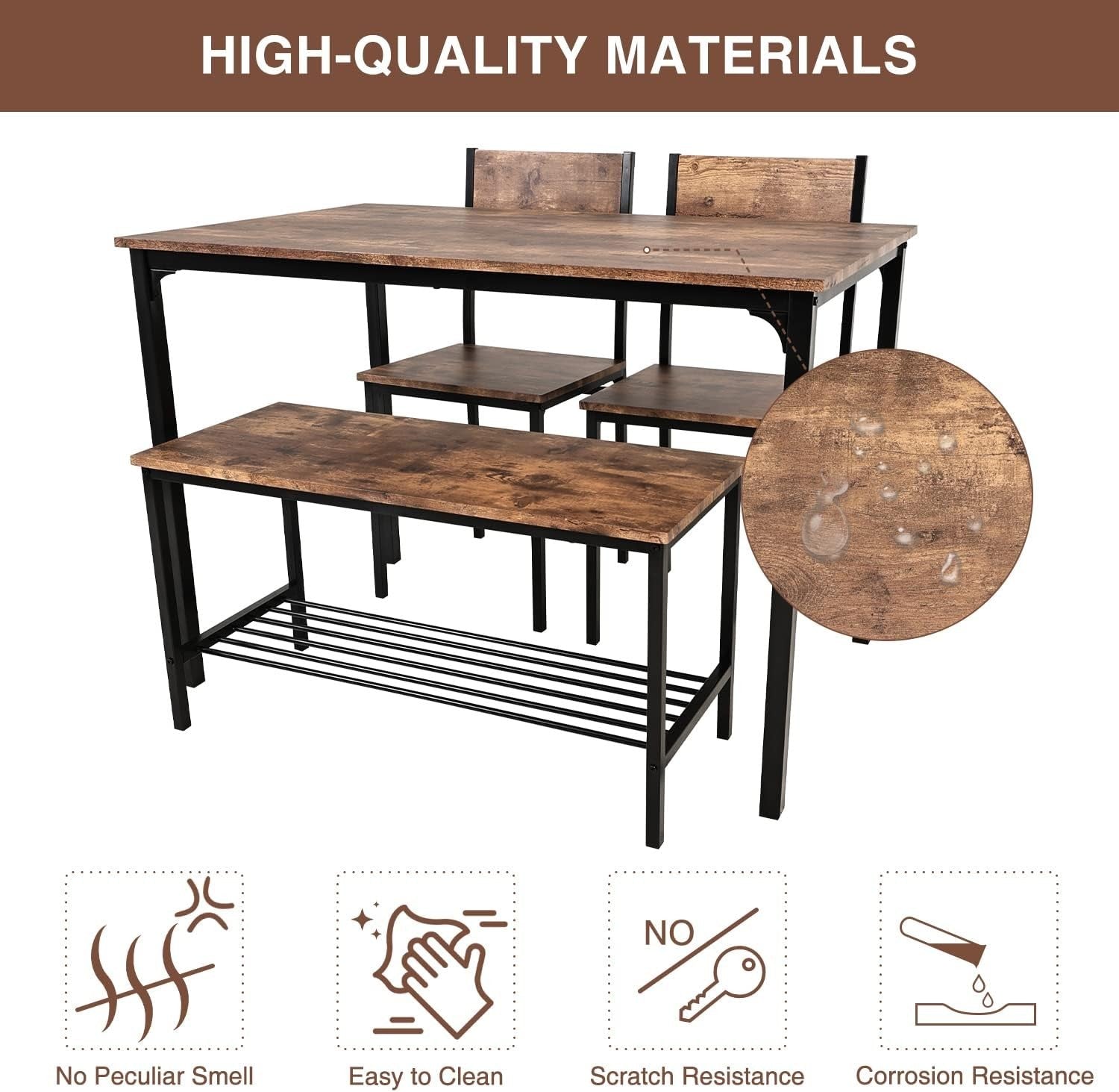 Rustic Dining Table Set with Bench & 2 Chairs – Space-Saving Kitchen Furniture