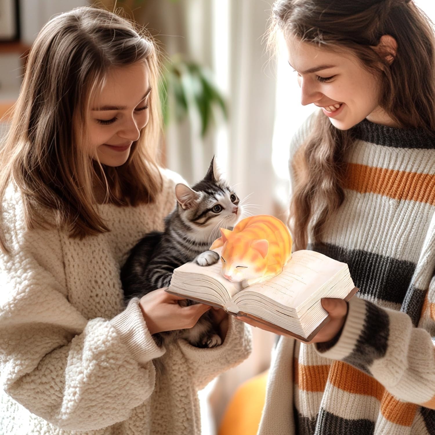 Sleeping Cat Ornament on Book with Bookmark Gift | Cute Cat Figurine Home Decor