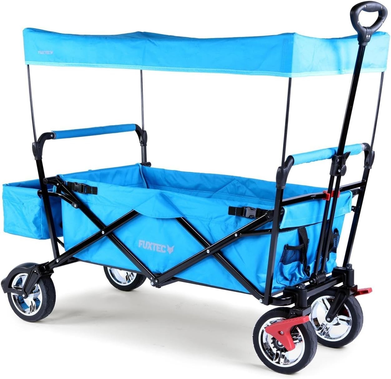 Blue Kids Folding Wagon Push Pull Stroller Cart w/ Canopy & Storage Bag