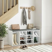 White Shoe Storage Bench with Cushion Seat 9 Cubes Adjustable Shelves Entryway