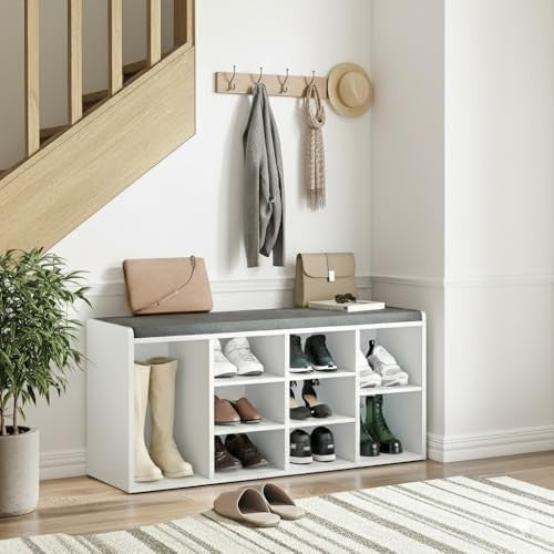 White Shoe Storage Bench with Cushion Seat 9 Cubes Adjustable Shelves Entryway