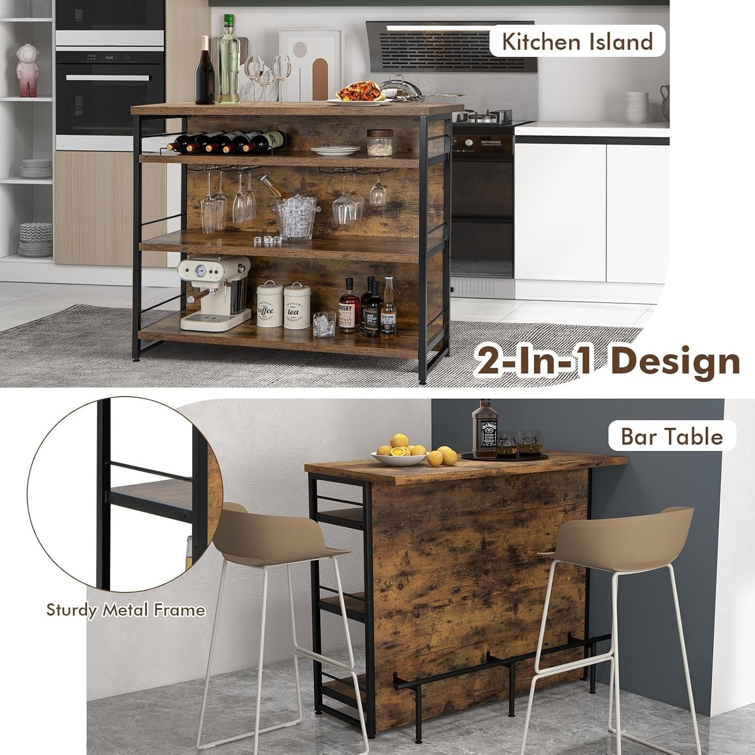 2-in-1 Kitchen Island & Home Bar Table with Wine Rack, Rustic Brown 60x120x101cm