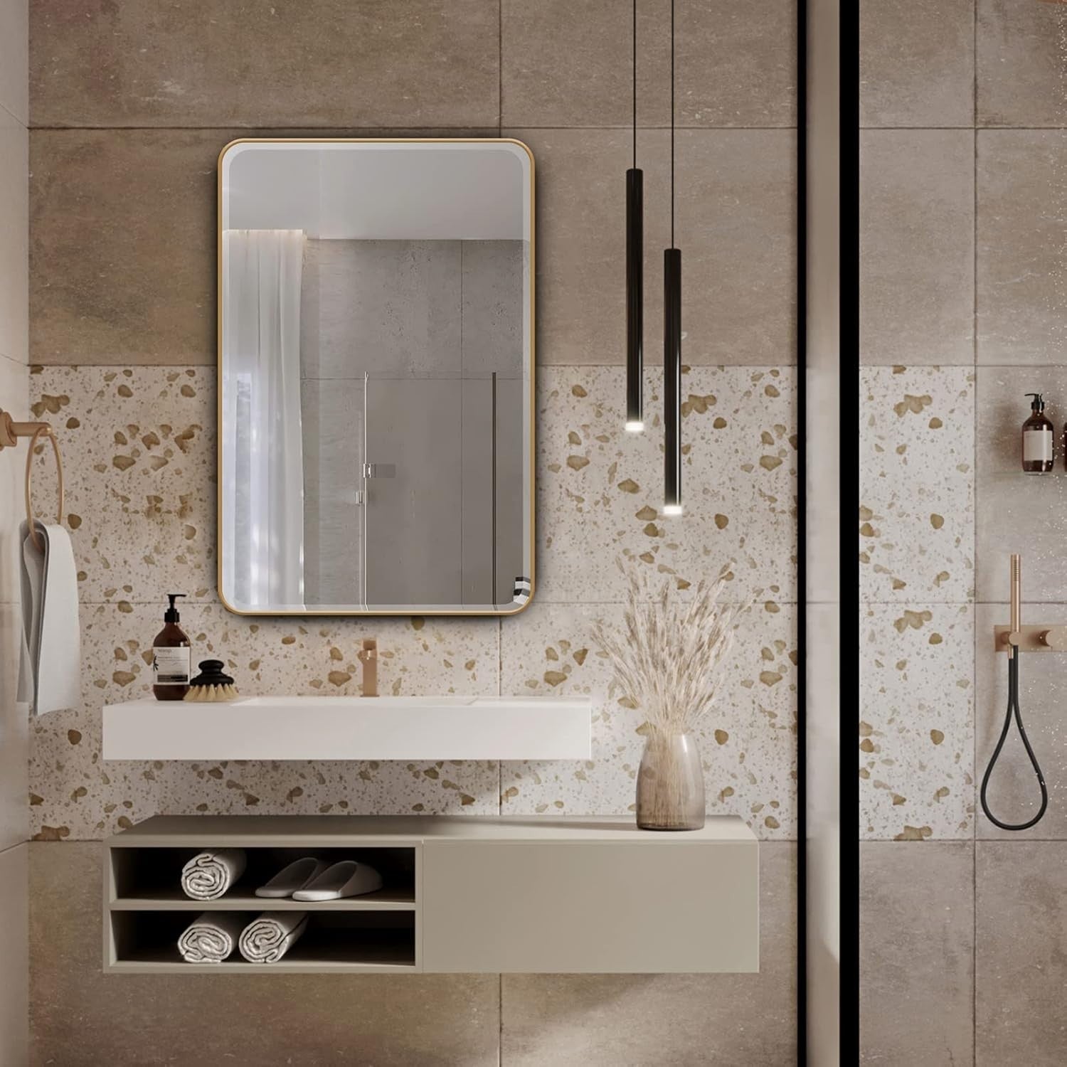 Wall-Mounted Plastic Mirror Cabinet with Adjustable Shelves & Golden Frame