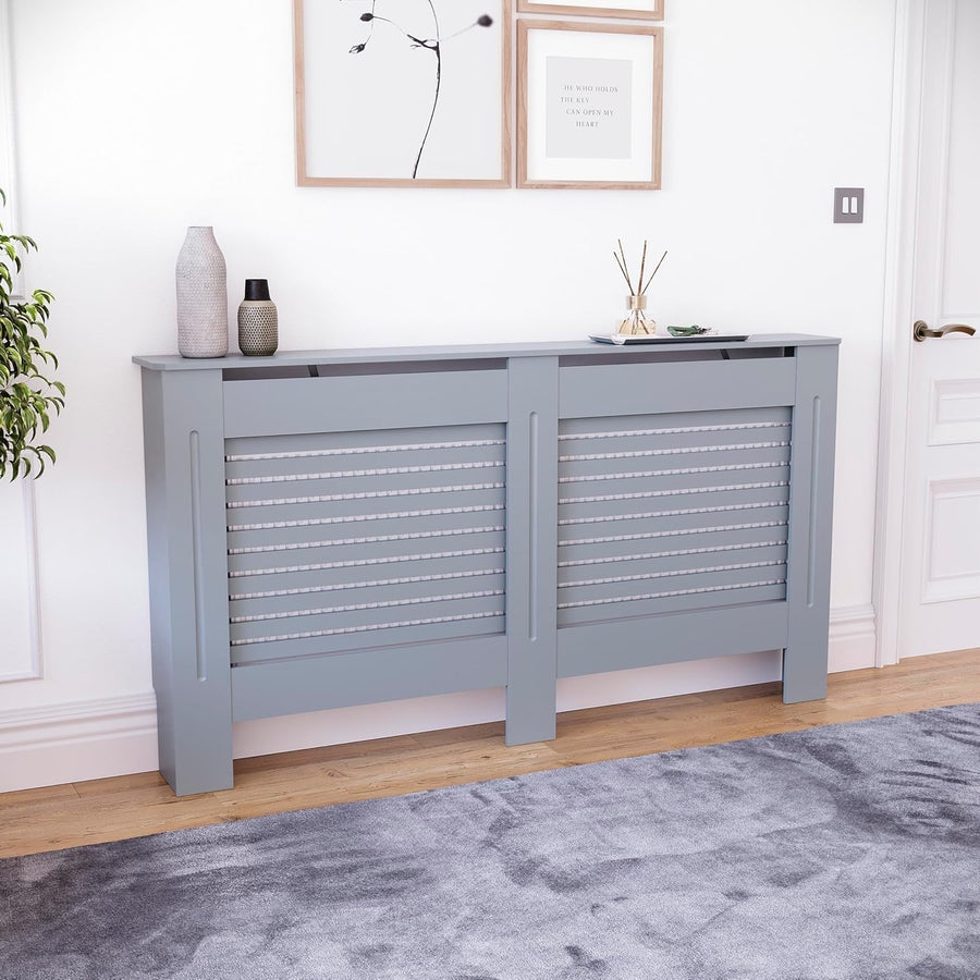 Large Grey Radiator Cover 141x80x16cm Modern MDF Slatted Cabinet