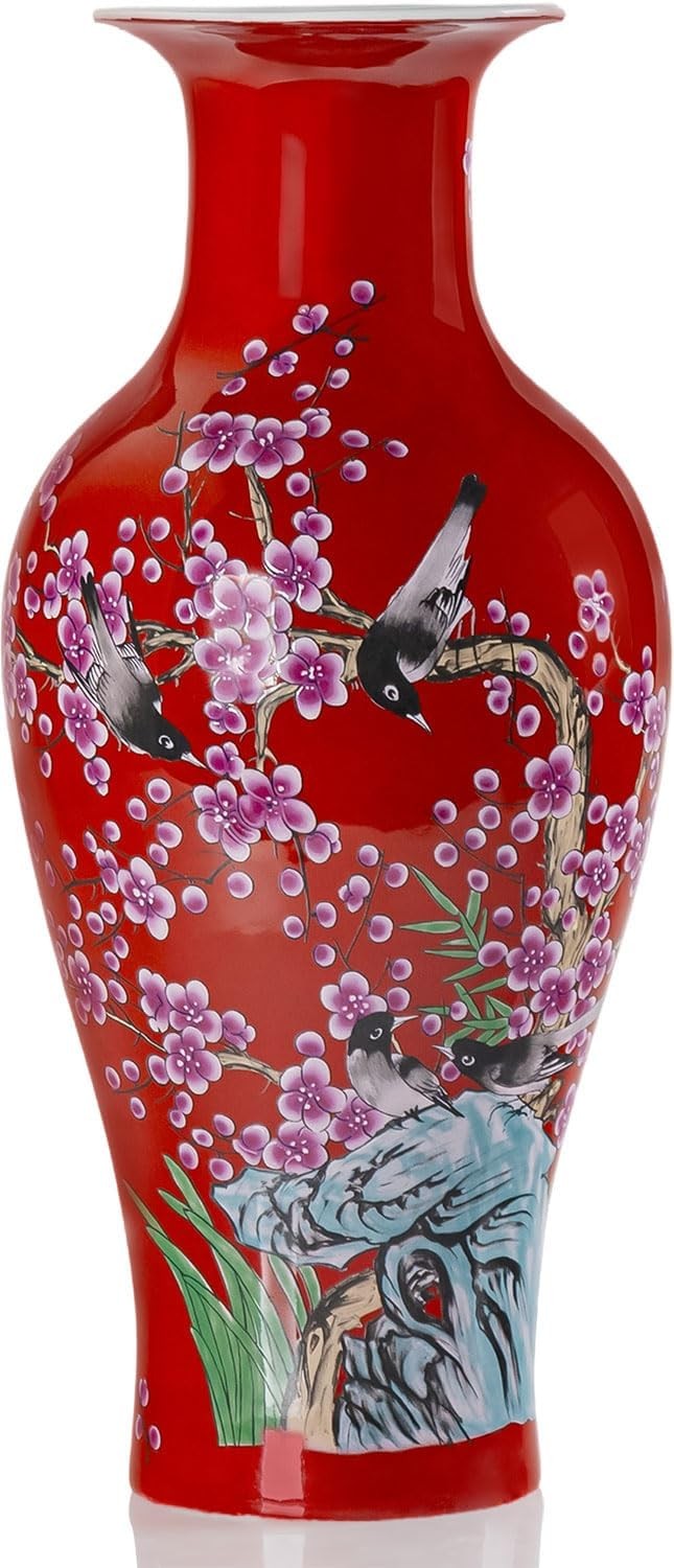 14 Inch Red Ceramic Flower Vase Hand Painted Elegant Table Centerpiece