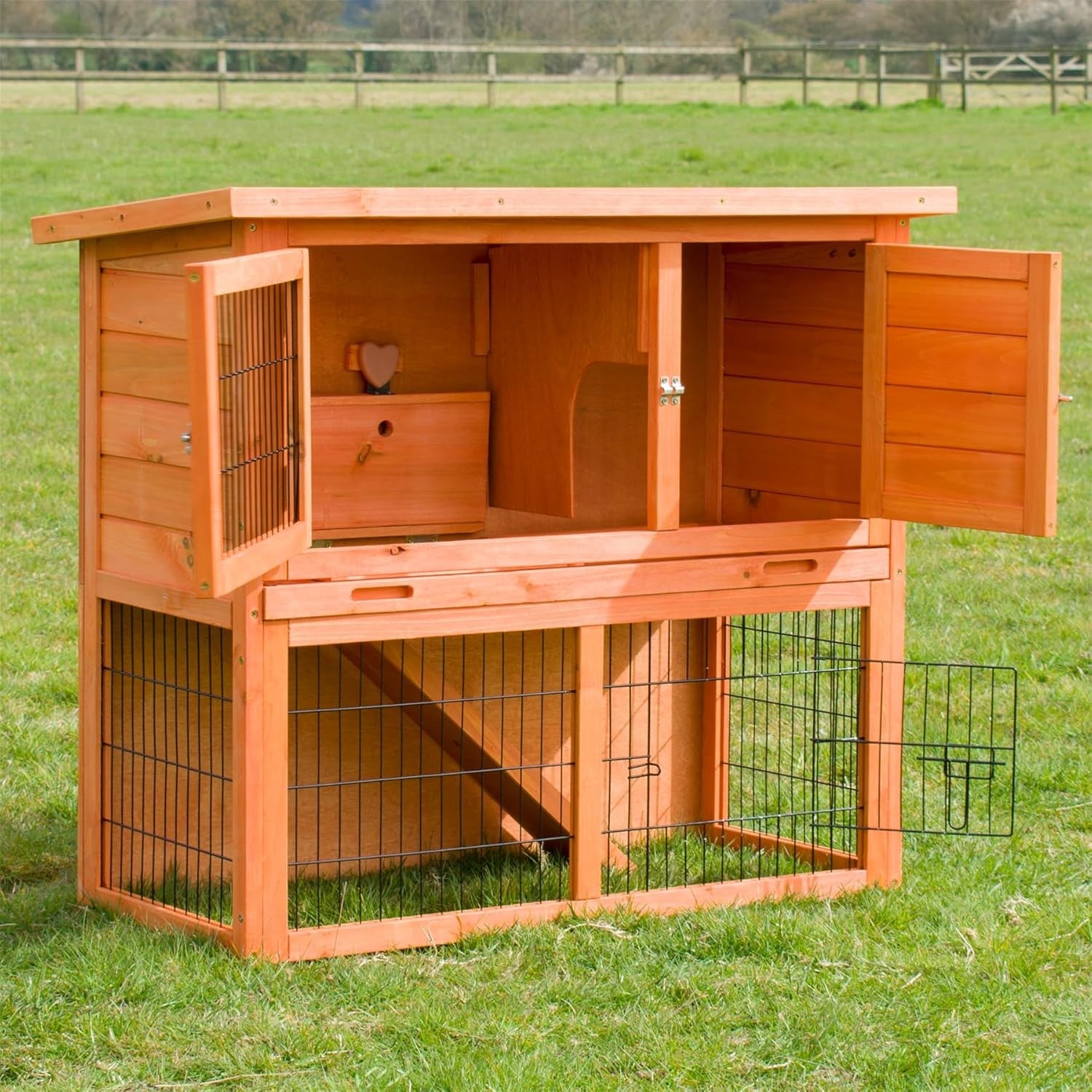 3ft Rabbit Hutch Double Decker Outdoor Wooden Guinea Pig Cage with Run Ramp
