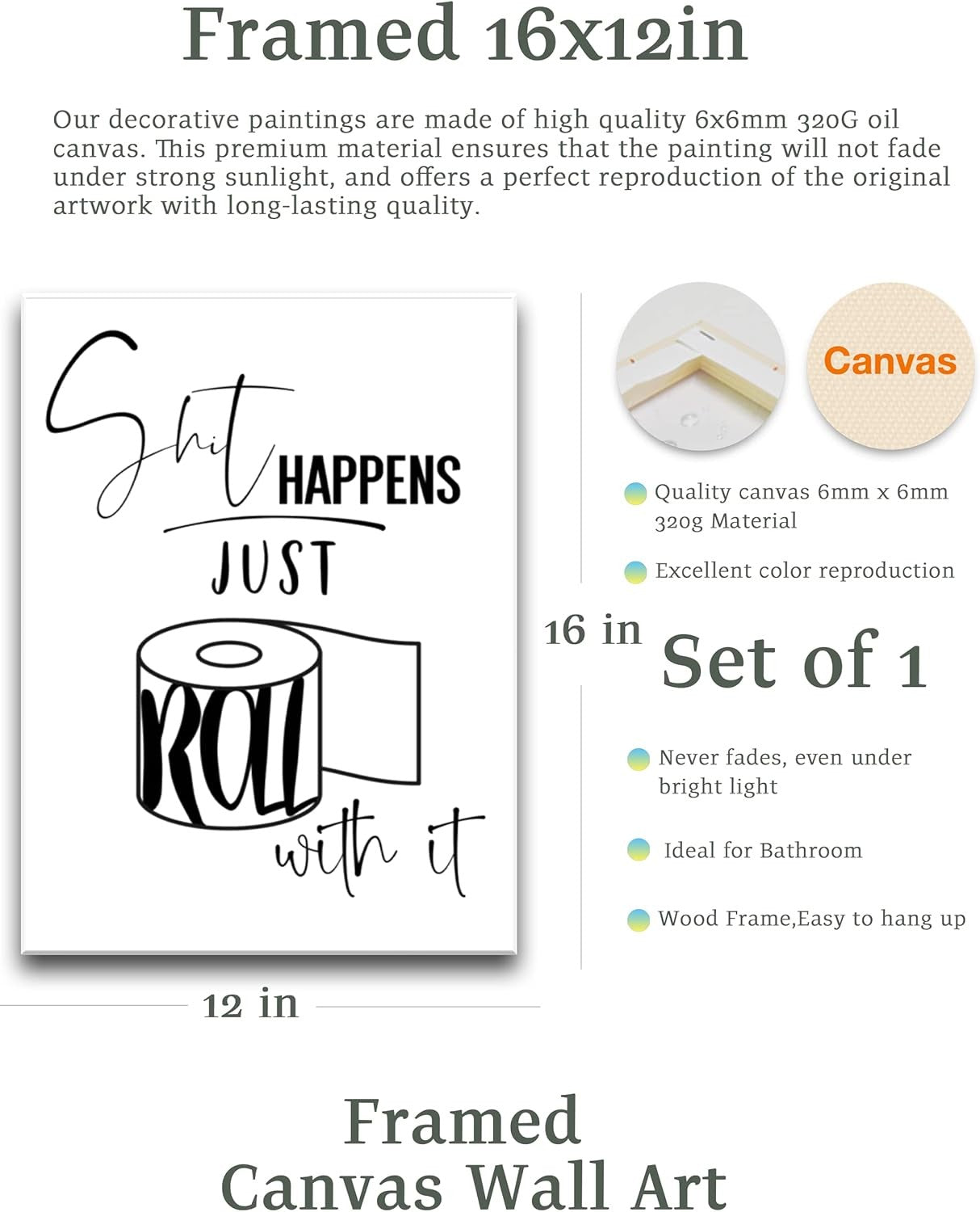 Funny Bathroom Wall Art 12x16 Framed Waterproof Canvas