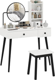 White Dressing Table Stool Mirror Set Vanity Desk 3-Drawer Storage & Shelves