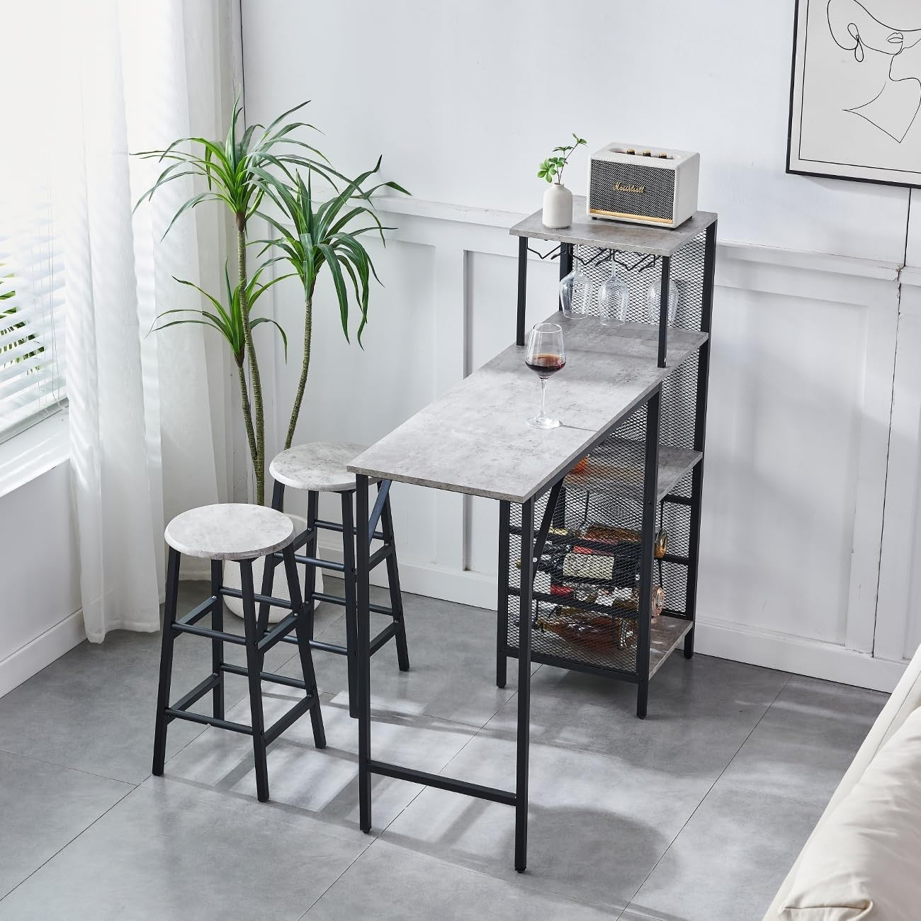 Grey Marble Bar Table Set with 2 Stools Space-Saving Metal Frame Dining Set