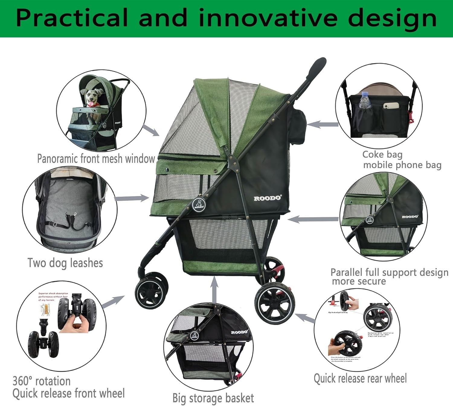 3 Wheel Pet Stroller Jogger Folding Lightweight Dogs Cats Green