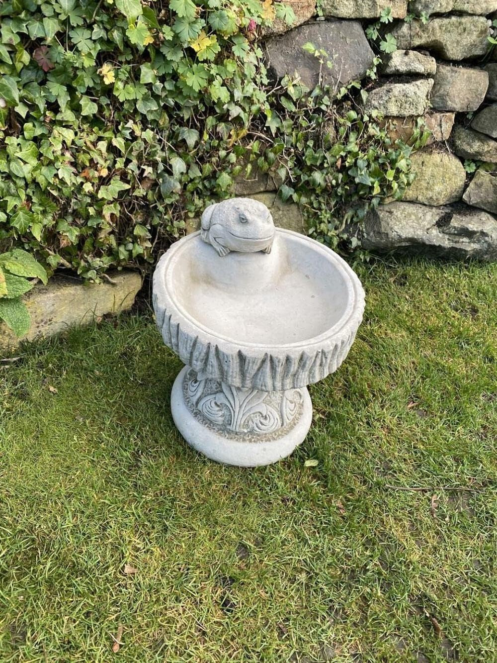 Round Stone Bird Bath with Frog | Hand Finished Garden Ornament Sculpture