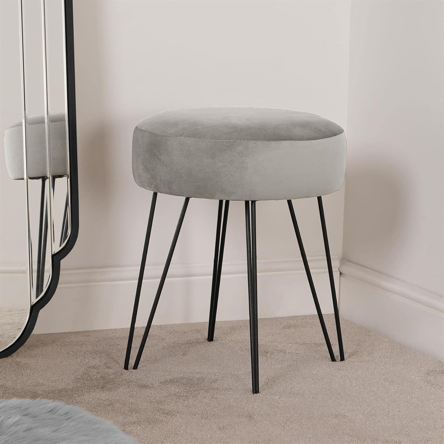 Charcoal Grey Velvet Round Stool Hairpin Leg Vanity Seat Footrest