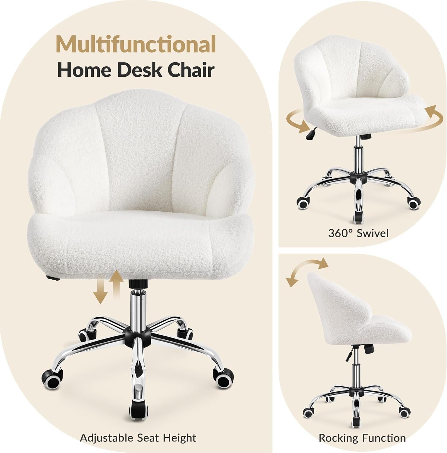 Snowy Boucle Shell Back Swivel Vanity Chair w/ Wheels Armless Adjustable Seat