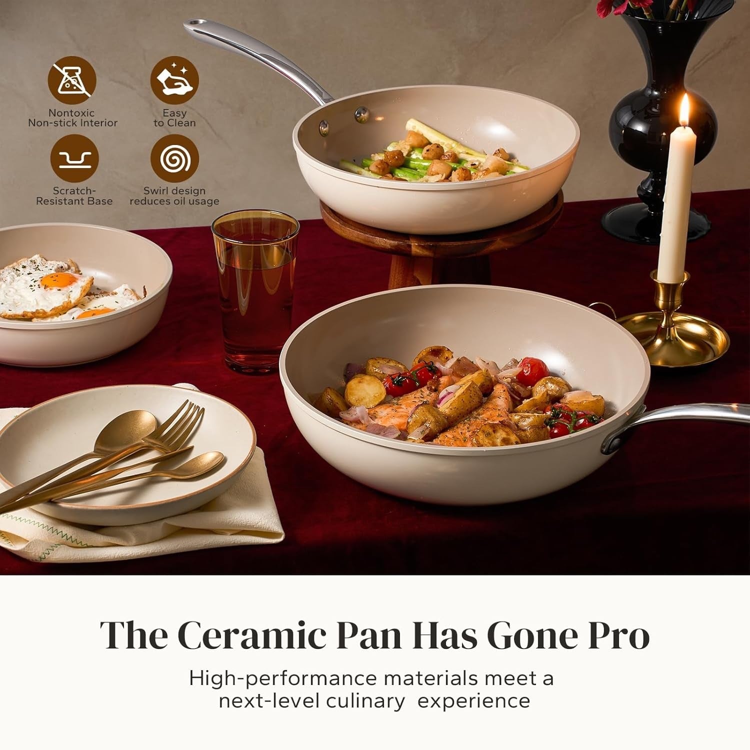 28cm Beige Ceramic Non Stick Frying Pan Saute Pan with Lid PTFE & PFAS PFOA Free
